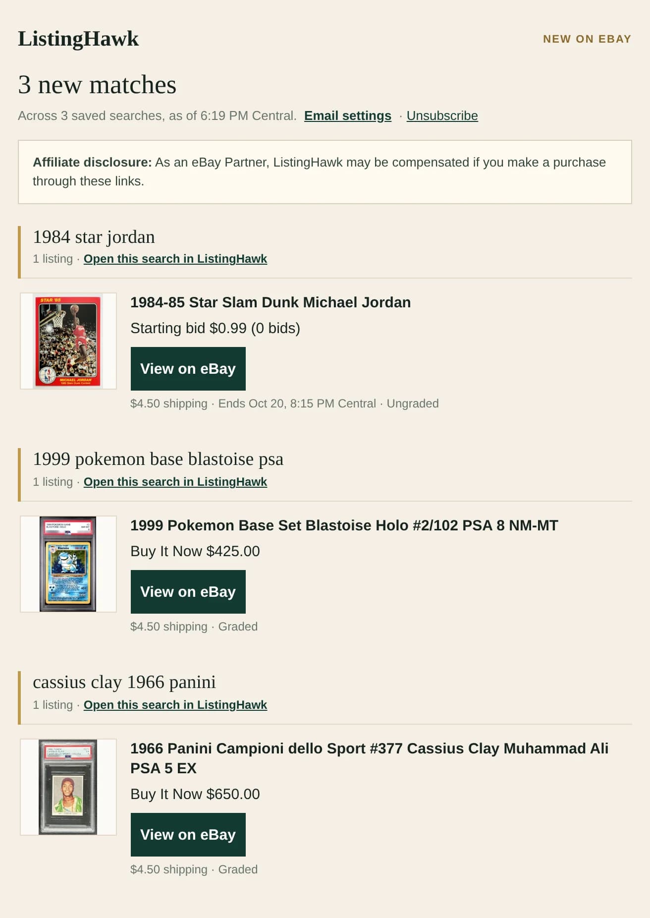 Matches by email — sample ListingHawk screen