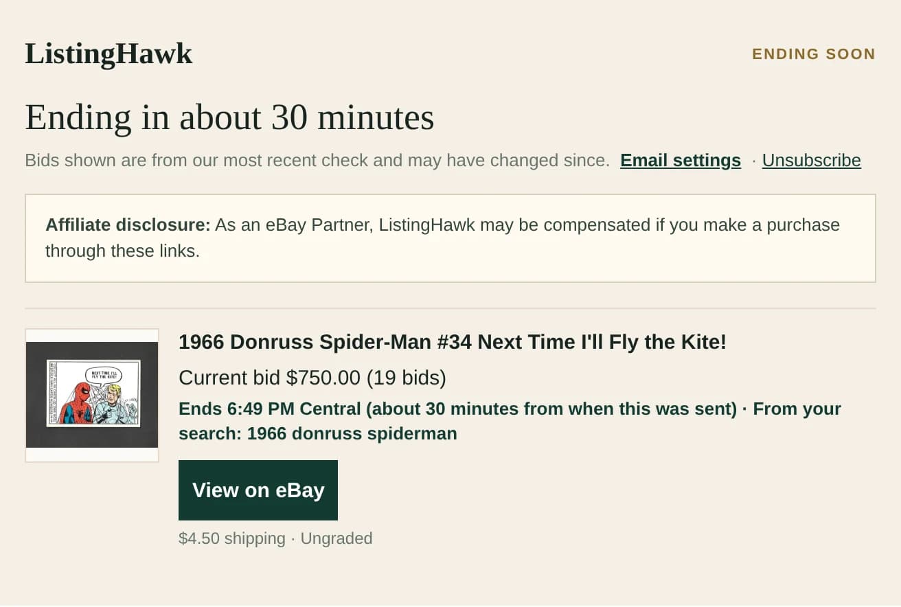 Reminders before auctions end — sample ListingHawk screen