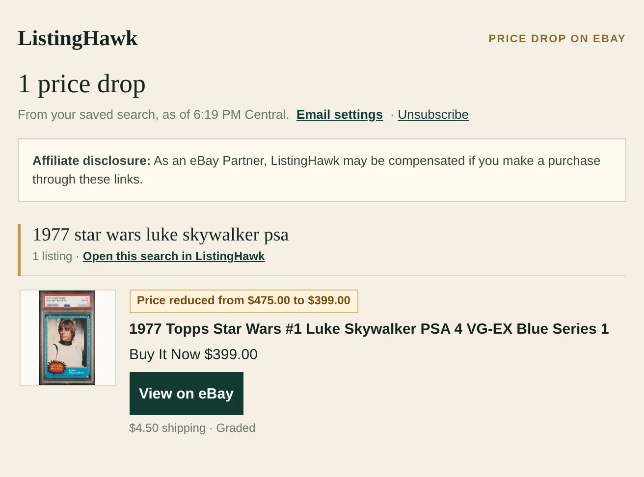 Price drops across your searches — sample ListingHawk screen