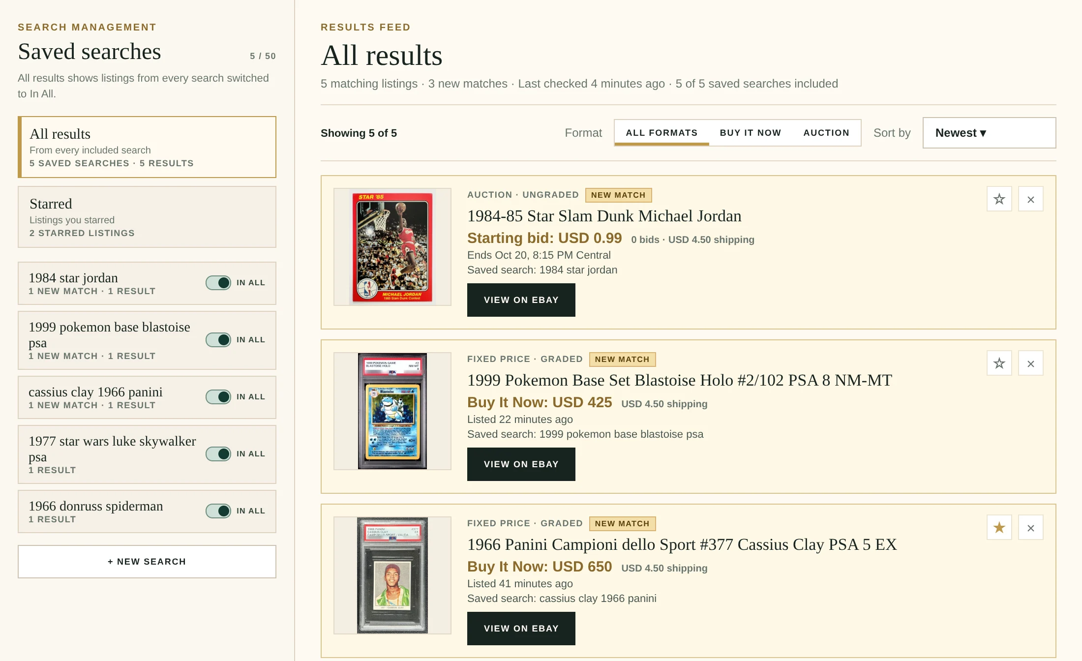 Sample ListingHawk feed with card listings from several saved searches